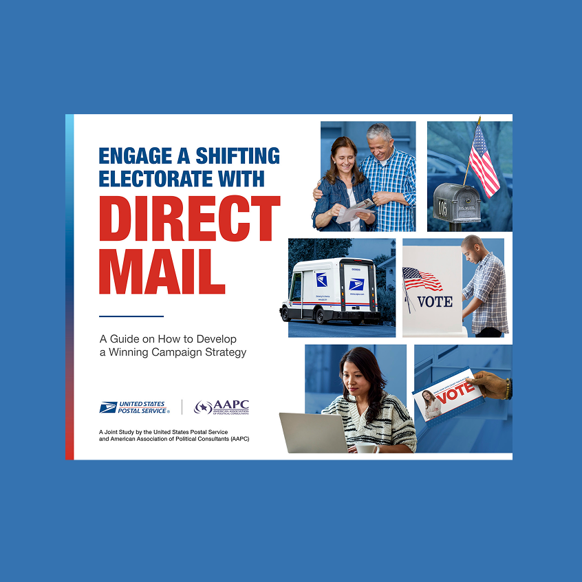 Cover image from the 2024 Election Cycle whitepaper consisting of images of the American Flag on a mailbox, a USPS delivery truck, and a man at a voting booth.