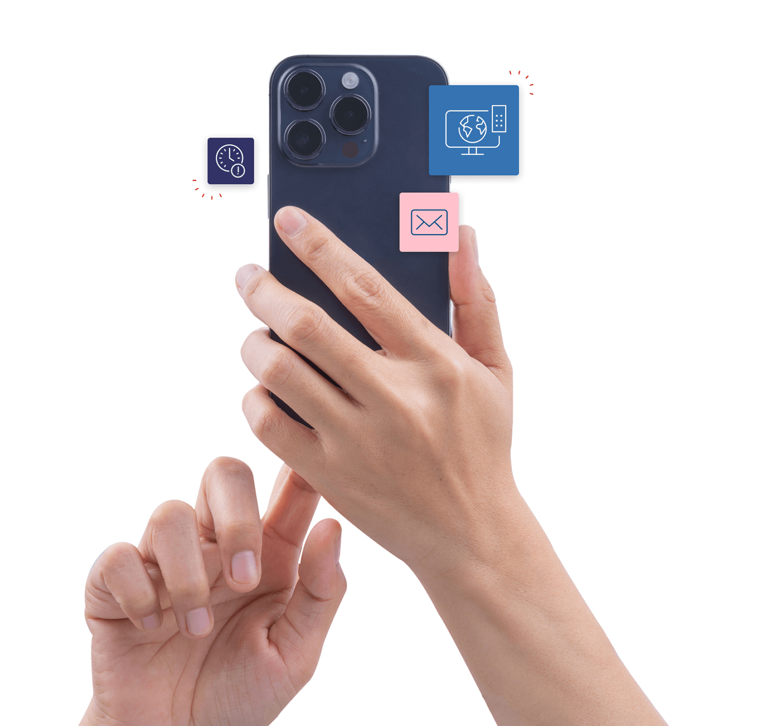 A pair of hands holding a smartphone, viewed from the back, with fingers positioned as if typing or scrolling.