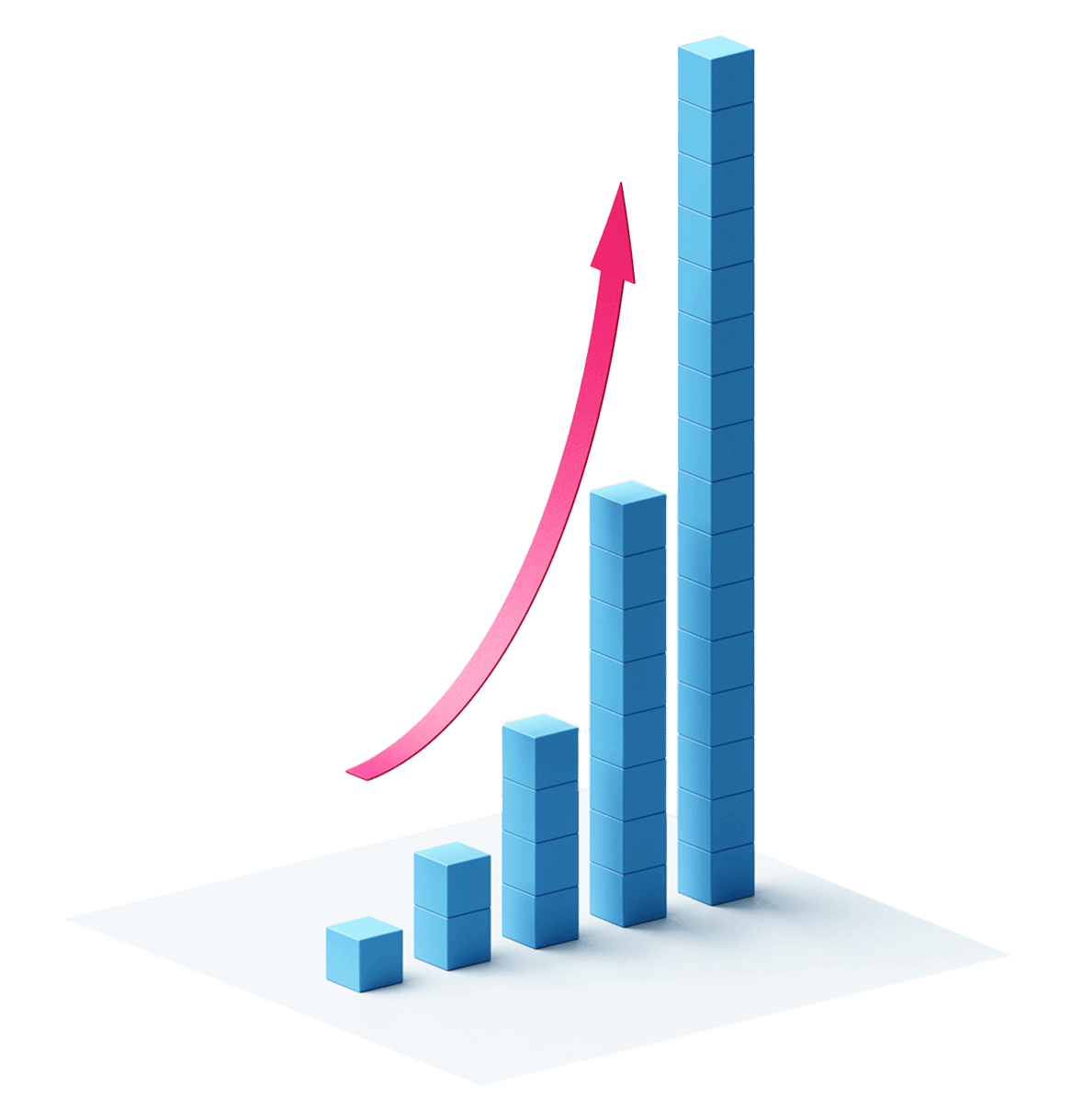 An isometric illustration of a blue bar graph with a red arrow trending upward, indicating growth or progress.